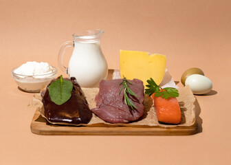 A set of natural products rich in vitamin B12 cobalamin. Healthy food concept.