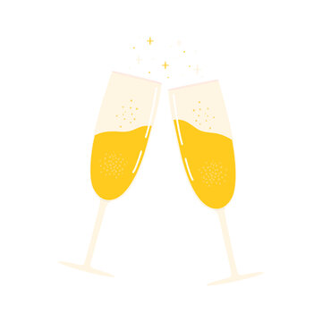 Flat vector cartoon illustration of two glasses of champagne. Drawing for a holiday, a party, a special event. Isolated design on a white background.