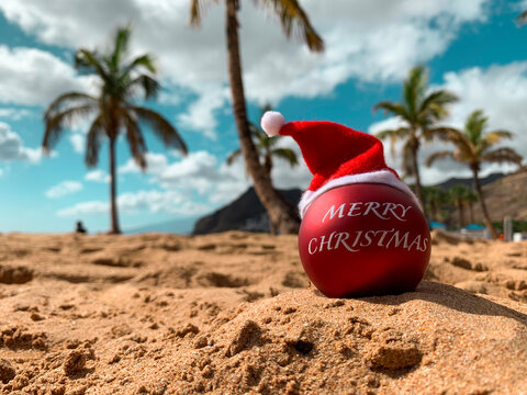 Christmas bomb in Santa's hat with text Merry Christmas on the beach lying on the sand with palm trees and blue sky on the background. 