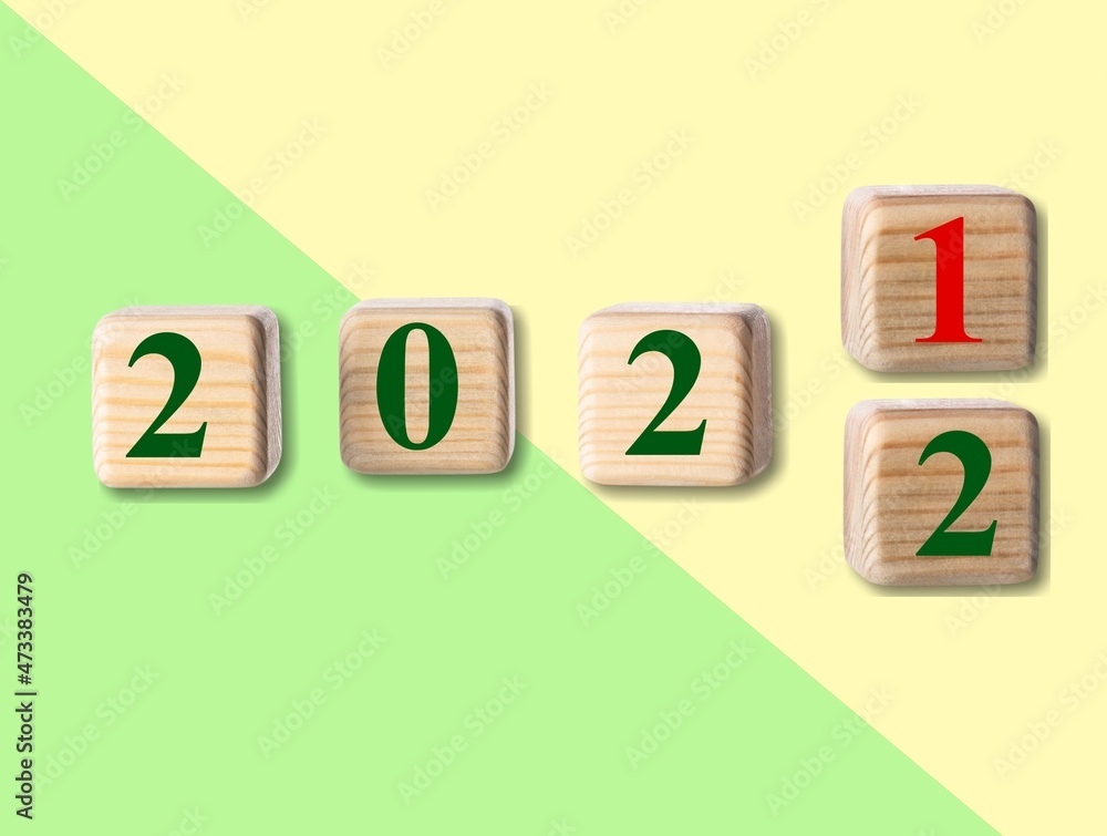 Sticker Set wooden cube with the number 2021 to 2022. Happy new year 2022. Start concept