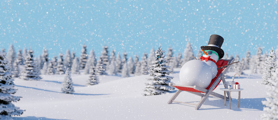 Snowman with sunglasses resting and drink hot chocolate in beautiful snowy forest. Winter Holidays background 3d render 3d illustration