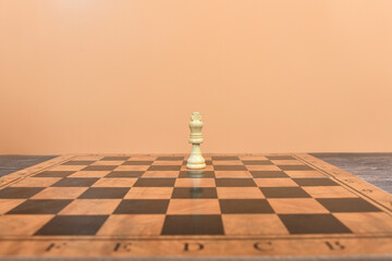 a lone white queen stands in the middle of the field at the beginning of the chessboard.