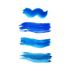 SET from BLUE watercolor brushstroke isolated on white background. Abstract watercolor stain, ink, black