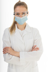 Covid19, coronavirus, healthcare and doctors concept. Portrait of optimistic russian female doctor assure everything be okay, wear medical mask to prevent catching virus, white coat.