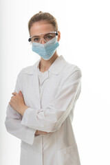 Covid19, coronavirus, healthcare and doctors concept. Portrait of optimistic russian female doctor assure everything be okay, wear medical mask to prevent catching virus, white coat.