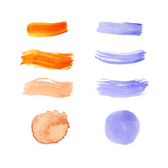 SET from LAVENDER and ORANGE watercolor brushstroke isolated on white background. Abstract watercolor stain, ink, black