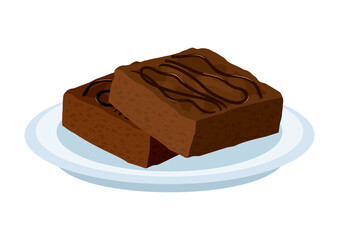 Chocolate brownies on a plate icon vector. Sweet chocolate pastry icon isolated on a white background. Chocolate brownie cake two pieces vector - obrazy, fototapety, plakaty