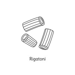 Rigatoni pasta illustration. Vector doodle sketch. Traditional Italian food. Hand-drawn image for engraving or coloring book. Isolated black line icon. Editable stroke