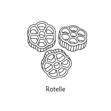 Rotelle pasta illustration. Vector doodle sketch. Traditional Italian food. Hand-drawn image for engraving or coloring book. Isolated black line icon. Editable stroke