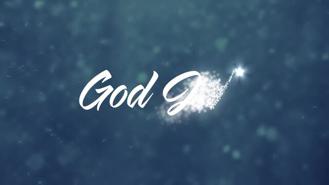 God Jul! Merry Christmas! Sparkler text animation with particles and flares on a snowing blue background. Ideal gift card 