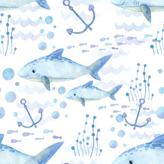 Seamless pattern. Watercolor with marine life. Cartoon exotic fish, shark, seaweed, anchor