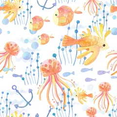 Fototapete Meeresleben Nahtloses Muster. Aquarell mit Meereslebewesen. Exotischer Fisch der Karikatur, Sterne, Algen, Anker