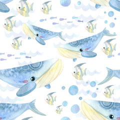 Seamless pattern. Watercolor with marine life. Cartoon exotic fish, whale.