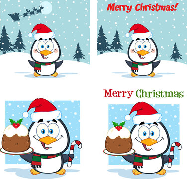 Christmas Greeting Cards With Penguin Cartoon Character. Vector Hand Drawn Collection Set With Background And Text
