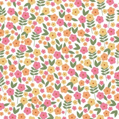 Vintage pattern. Small pink and orange flowers, green leaves. White background. Seamless vector template for design and fashion prints.