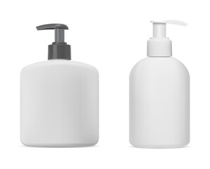 Pump bottle, cosmetic product dispenser, liquid soap bottle mockup blank. Realistic skin care lotion container with batcher isolated on white backgorund