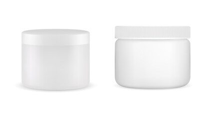White cosmetic jar. Creamjar mockup, plastic bottle round package glossy template. Skin blush powder jar, lotion or butter scrub
