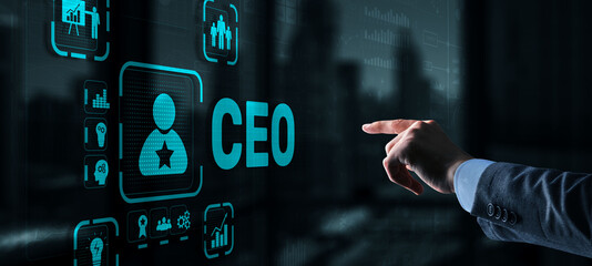 CEO concept. Businessman pressing virtual screen inscription boss
