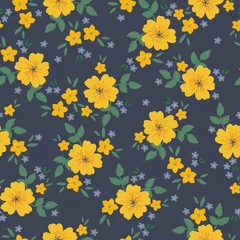 Foto auf Acrylglas Vintage-Muster. Wunderschöne gelbe und kleine blaue Blüten, grüne Blätter. Dunkelblauer Hintergrund. Nahtlose Vektorvorlage für Design- und Modedrucke. © Алена Шенбель