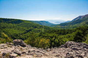 Fototapeta na wymiar The landscape at the Treskavac Pass Panoramic Viewpoint in the Baska Valley on Krk island, in the Primorje-Gorski Kotar County of western Croatia 