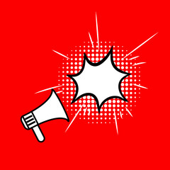 Loudspeaker Icon with Speech Bubble on Bright Red Background, Blank Frame, Talking Cloud Comic Style.