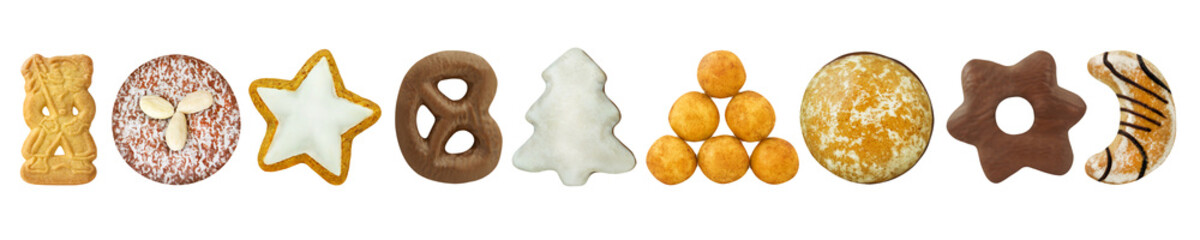 Various German Christmas sweets and cookies isolated against white background