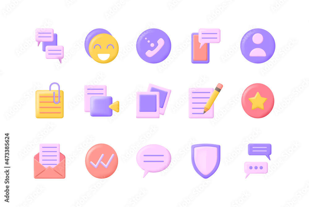 Poster 3d different chat symbols plasticine icons set cartoon style include of speech bubble and phone. vec