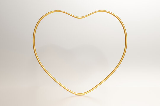 3d render of golden metallic heart frame on a beige background