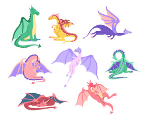 Cartoon Color Characters Dragon Icon Set Mythology Monster Flat Design Style. Vector illustration of Fairytale Animal Mascot