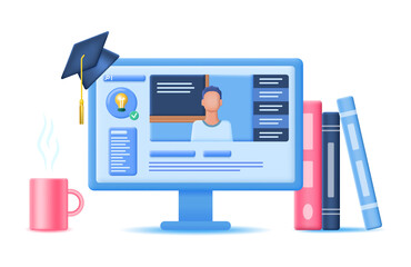 3d Concept E-learning Plasticine Cartoon Style Include of Computer Screen, Books and Cup. Vector illustration of Online Education