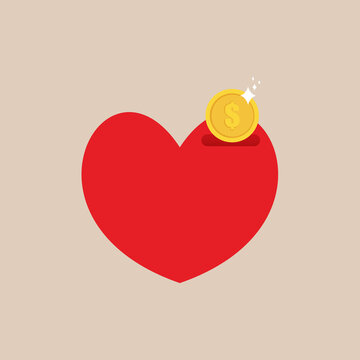 Heart Piggy Bank Icon, Shiny Coin and Heart, Isolated Design Element, Charity Concept.