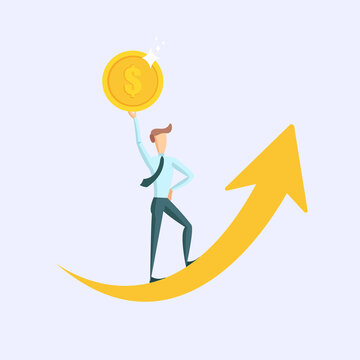 Making Money Cartoon Illustration, Businessman on Golden Growth Arrow with Gold Coin in His Hand.
