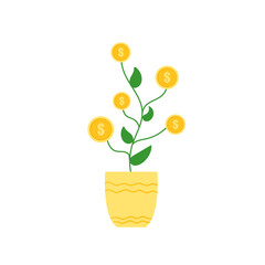 Money Tree, Dollar Golden Coins, Isolated Money Plant in Flower Pot.