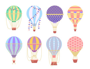 Cartoon Color Retro Air Balloon Icon Set Adventure and Transportation Concept Flat Design Style. Vector illustration of Icons