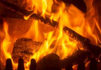 Flames in a log fire fireplace