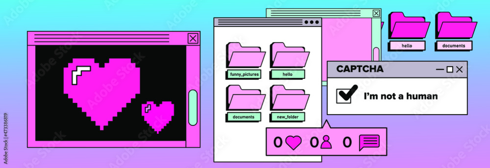 Poster Retrowave user interface, retro operating system with message boxes and folders. Cute vaporwave vector illustration.