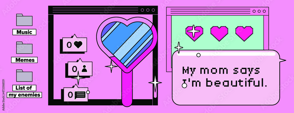 Aufkleber Retrowave user interface, retro operating system with message boxes and folders. Cute vaporwave vector illustration.