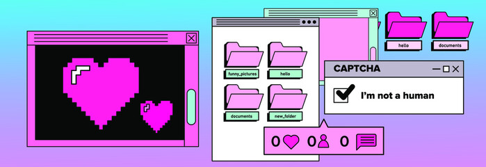 Retrowave user interface, retro operating system with message boxes and folders. Cute vaporwave vector illustration.