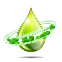 Green glossy drop with green leaves, environment conceptual design.