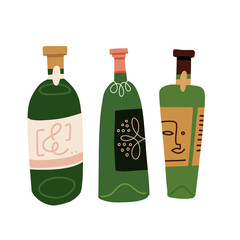 Various bottles of wine in unique trendy abstract style. Vector flat hand drawn illustration for menu design and posters. All elements are isolated.