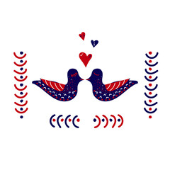 Scandinavian festive Christmas decoration, decorative birds, hearts, floral decorations. Vector illustration in red, blue, white colors for textiles, posters, decorations, banners, calendars.
