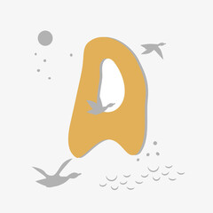 Minimalistic pattern in oriental style in form of letter A. Flock of birds, ducks are flying. Abstract objects, spots, points, shadows. Vector illustration, for logo design, banners.