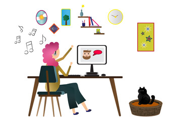 Businesswomen working from home. House interior. House decorations. Woman listening to music while working