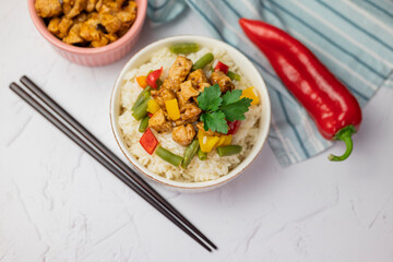 rice with vegetables and meat kung pao asian dish side dish with pork or beef on a plate for restaurant menu