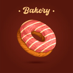 Delicious donut. Vector illustration of floating colorful glazed donut supplemented with text BAKERY. Cafe poster, bakery signboard, menu page, flyer, banner, ad, social media post
