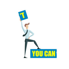 Cartoon Businessman Taking the Letter T from CAN’T Word, Making Things Possible Concept, Motivation.