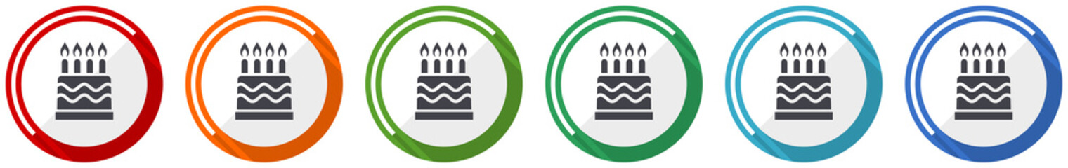 Birthday cake with candles, celebration flat design vector illustration in 6 colors options for webdesign and mobile applications.