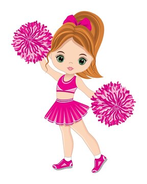Cute Cheerleader Dancing with Pom Poms. Vector Cheerleader Wearing Pink Sport Dress