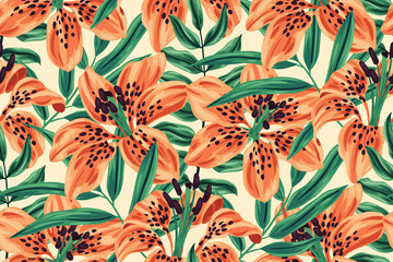 A tropical floral pattern with large tiger lily buds and lush foliage. Seamless pattern with exotic flowers and leaves. A dense flower arrangement on a white background. Vector illustration.