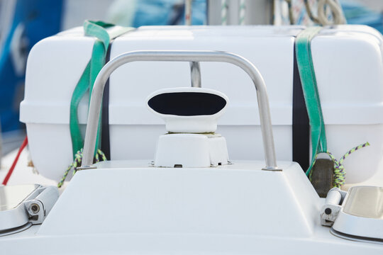 Details Of Stainless Steel Air Intake On A Teak Deck Of A Luxury Sailing Yacht. Close-up Of Cowl Ventilators For Furnishing Fresh Air To Compartments Below Deck Of A Boat.